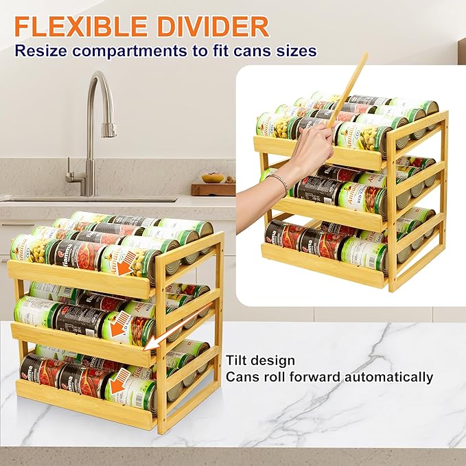 MinBoo Bamboo Can Organizer for Pantry - Stackable Can Rack for 36 Cans, Canned Food Storage, Pantry Shelf, Kitchen Cabinet or Countertop,Large