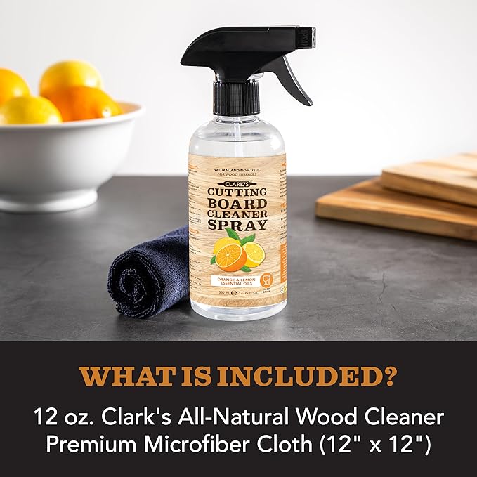CLARK'S Natural Cutting Board Spray Cleaner, with Microfiber Cloth, for Wood Countertop – Pure Ingredients Filtered Water, Distilled Vinegar, Castile Soap, Lemon & Orange Citrus Oil Extracts, 12oz