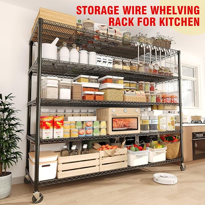 82" H Storage Shelves with Wheels, 5-Tier Metal Shelving Unit Load 3300LBS Capacity, Adjustable Wire Shelf Rack w/Feets, Heavy Duty Storage Shelving for Garage Pantry Rooms, 59" W X 24" D