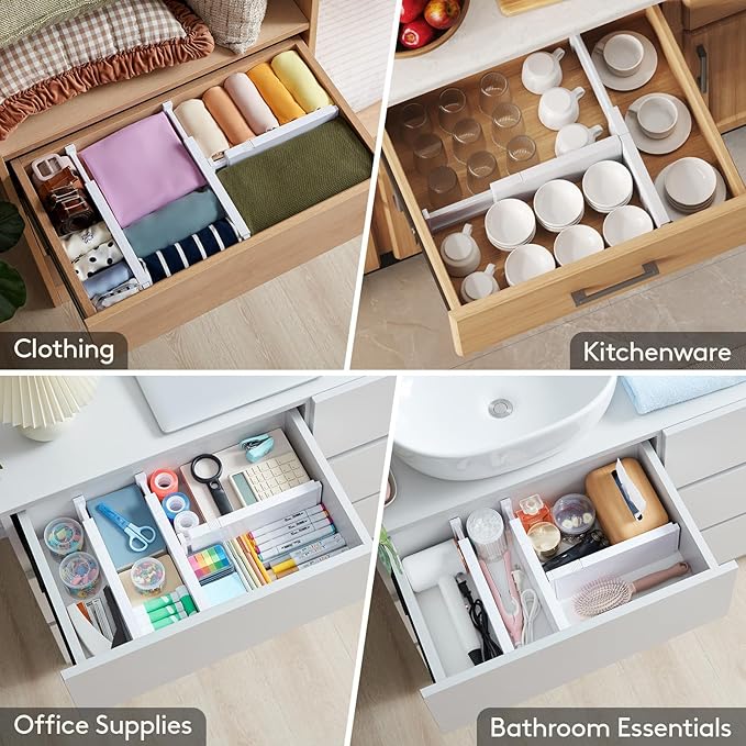 Lifewit 12 Pack Drawer Dividers 4" High,11-17" Adjustable Dresser Drawer Organizers for Clothes, Expandable Dresser Separators in Bedroom/Bathroom/Kitchen/Vanity/Office Organization and Storage, White