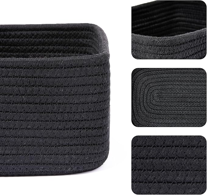 MiniArk Small Storage Baskets for Organizing | Closet Organizer Bins | Shelf Toy Basket | Woven Rope Baskets | Cube Decorative Box | Shallow Basket | 11.5x7.5x4.7” | 4 Packs Black