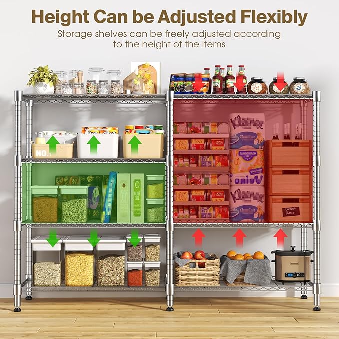 Himimi 4-Tier Metal Shelving-1600LBS Capacity, Adjustable Heavy Duty Wire Unit with Leveling Feet for Kitchen, Garage, Pantry, Laundry, 72" W x 18" D x 60" H, Silver