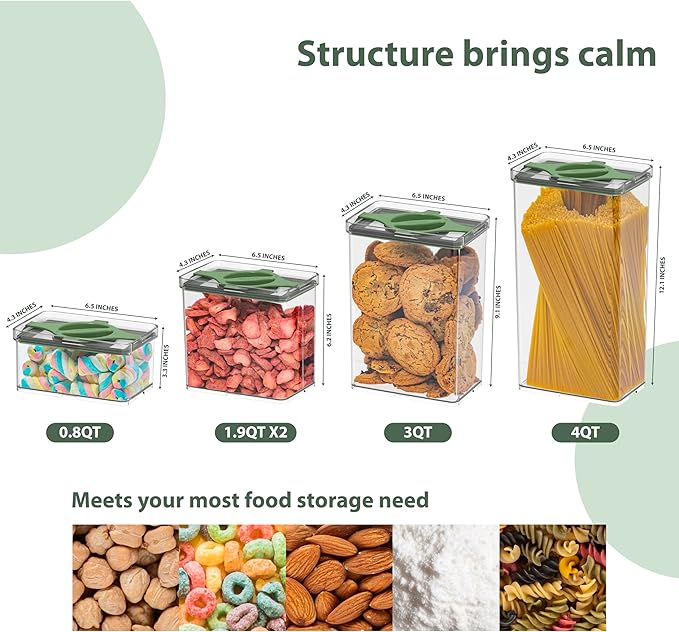 5-Pack SAN Pantry Storage Container Set, Leakproof Twist-Lock Lids, BPA-Free Stackable Canisters for Sugar, Flour, Pasta, Cereal & Snacks (0.8qt, 1.9qt ×2, 3qt, 4qt)