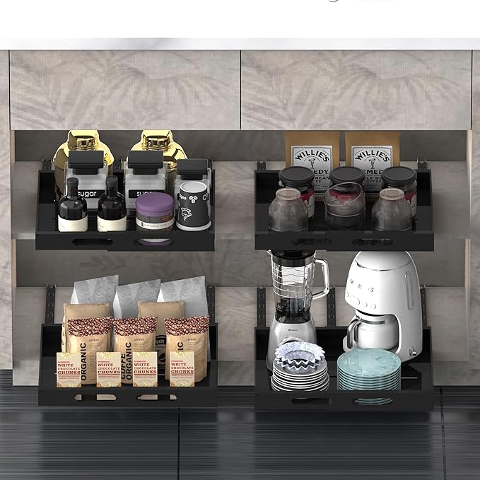 Expandable Pull Out Cabinet Organizer - 17" Deep, Adhesive No Drill, Expandable Drawer For Kitchen, Pantry, Bathroom
