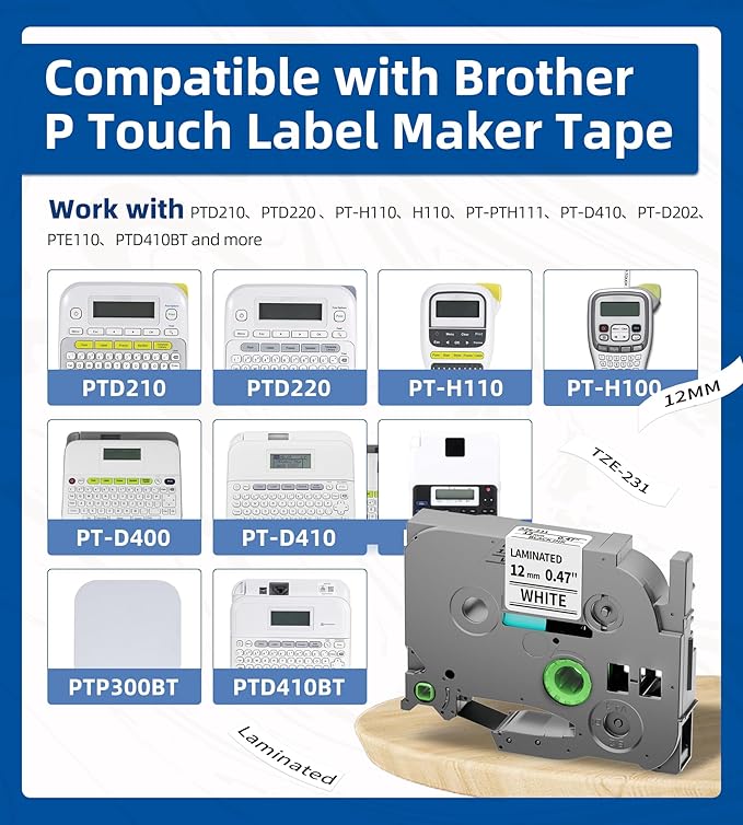 Ptouch Tape 12mm 0.47 Laminated White Replacement for Brother P-Touch TZe-231 Label Maker Tape Compatible with Brother P Touch PT-D210 PTD220 PTH110 Label Makers, 5-Pack