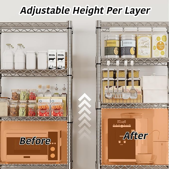5-Tier Metal Storage Shelving Unit with Wheels, Adjustable Wire Shelf Rack with Side Handle, Stable Metal Shelves Organizer for Pantry, Kitchen and Closet,11.8" W x 23.6" D x 61" H