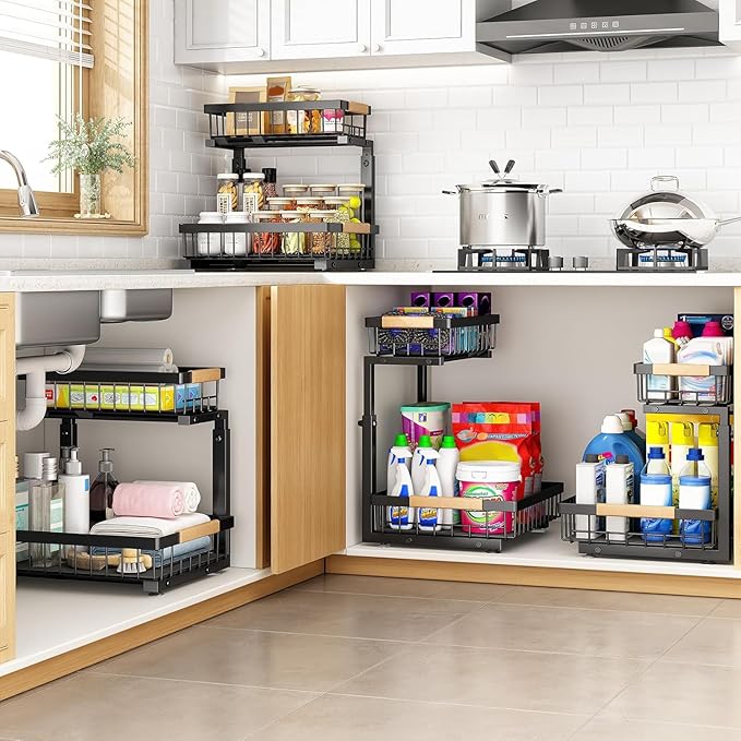 PXRACK Under Sink Organizer, Adjustable Height, 2 Tier Pull Out Under Cabinet Organizer, Slide Out Thickened Metal Under Sink Storage for Kitchen Bathroom Laundry Pantry Cabinet,1-Pack, Black