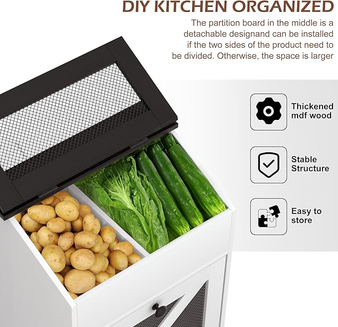 Wooden Potato and Onion Storage Bin w/Lid, Large Capacity and Ventilated Design, Ideal for Pantry, Kitchen White
