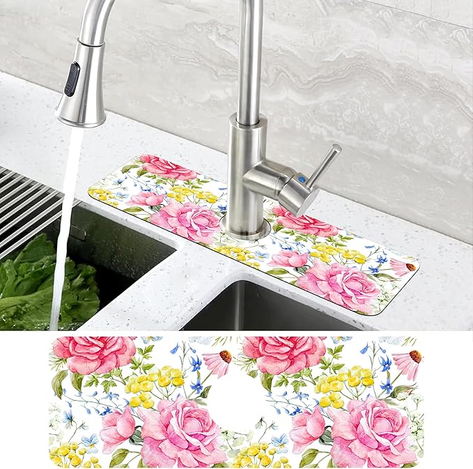 Watercolor Light Pink Floral Dish Drying Mat for Kitchen Sink Splash Guard Behind Faucet Sink Mat Absorbent Fast Drying Faucet Draining Mat for Bathroom Kitchen 5.5"×15"