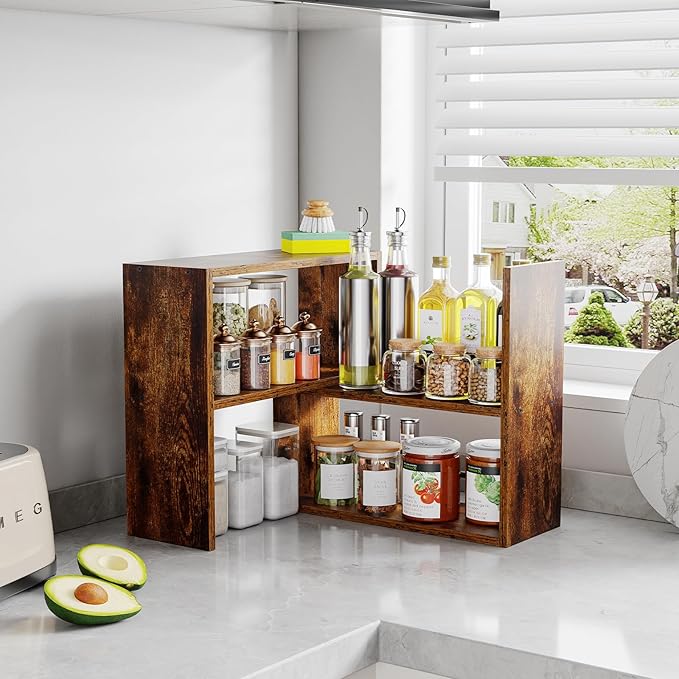 Vfelf Expandable Cabinet Organizer Shelf, Set of 2 Kitchen Counter Shelves for Countertop Organization Spice Rack Kitchen Storage Stackable