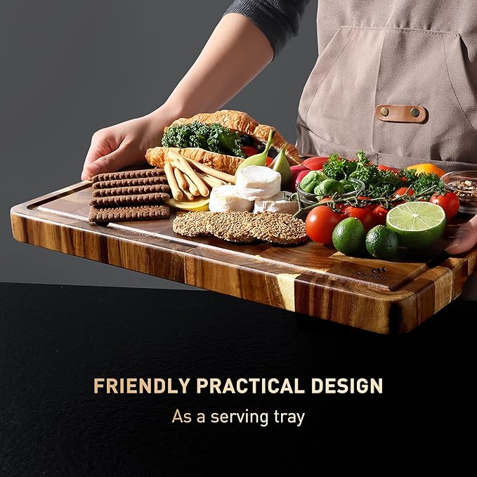 End Grain Cutting Board Set of 2 with Non-slip Feet, Reversible Acacia Wood Cutting Boards for Kitchen with Juice Grooves and Handles Non Toxic Chopping Board Butcher Block Serving Tray Kitchen Gift