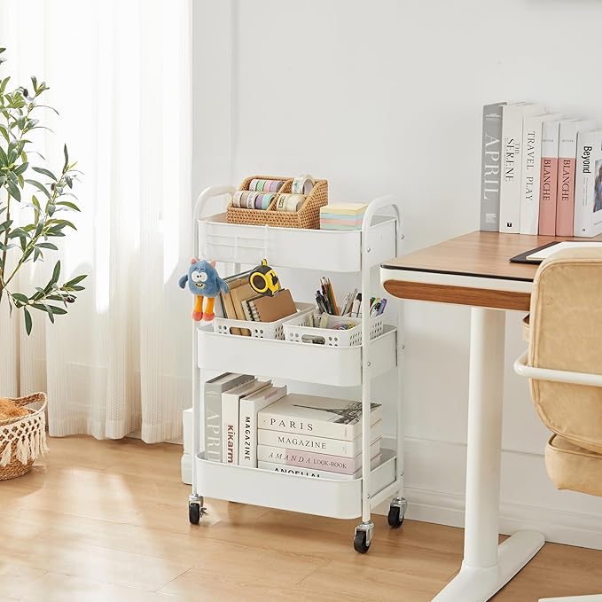 MAX Houser 3-Tier Rolling Utility Cart with Caster Wheels,Easy Assembly, for Kitchen, Bathroom (White)