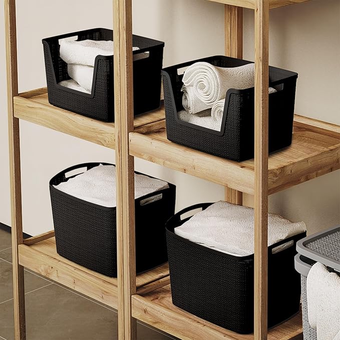 Curver Set of 2 XL 30.5L Jute Decorative Plastic Organization and Storage Baskets - Perfect Bins for Home Office, Closet Shelves, Kitchen Pantry and All Bedroom Essentials, Black