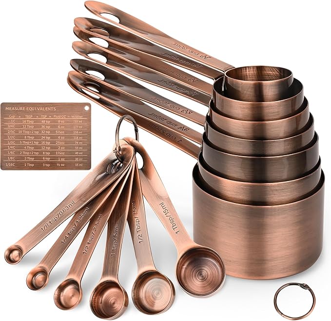 Viwehots Copper Measuring Cups and Spoons Set 16, Dry&Liquid Stainless Steel Measuring Cups and Spoons, 7 Metric&US Measing Cups & 6 Measuring Spoons & Measure Equivalents for Kitchen&Baking