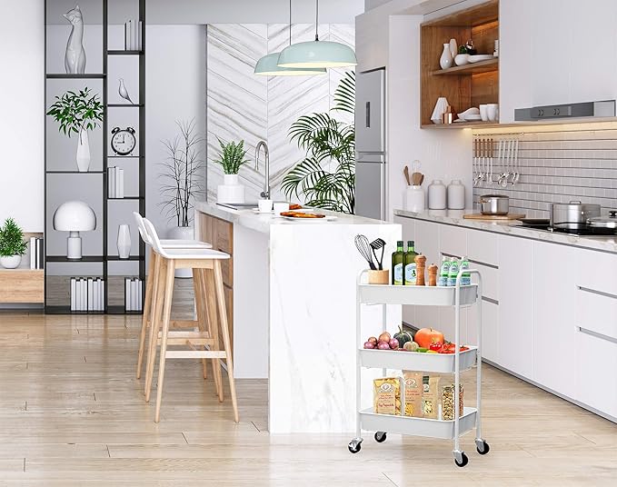 CAXXA 3-Tier Rolling Metal Storage Organizer - Mobile Utility Cart Kitchen Cart with Caster Wheels, White