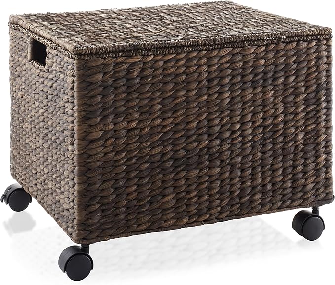 Casafield Rolling Filing Cabinet, Espresso Dark Brown - Water Hyacinth File Organizer with Lid and Wheels, Home Office Storage for Hanging Folders