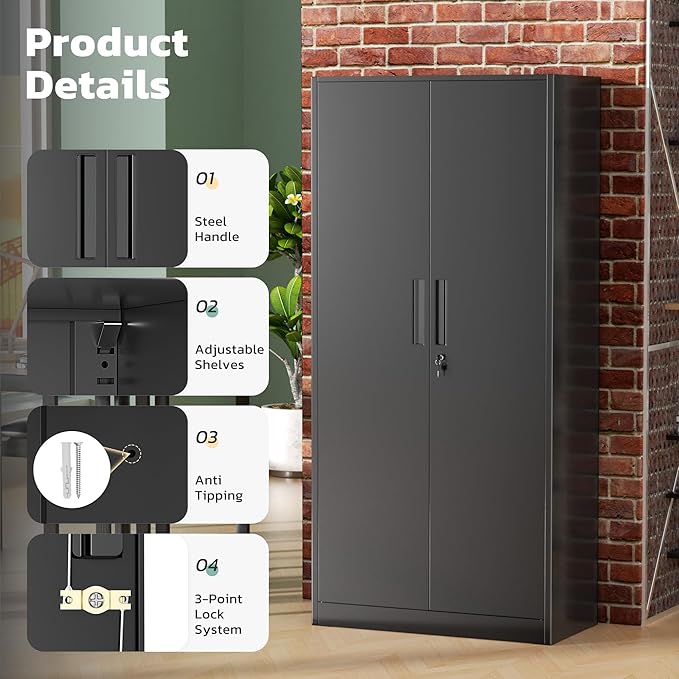 Greenvelly Metal Lockable Storage Cabinet, 72”Black Locked Storage Cabinet with 2 Doors and 4 Adjustable Shelves for Office, Home, Garage, Pantry (Assembly Required, 16”D)