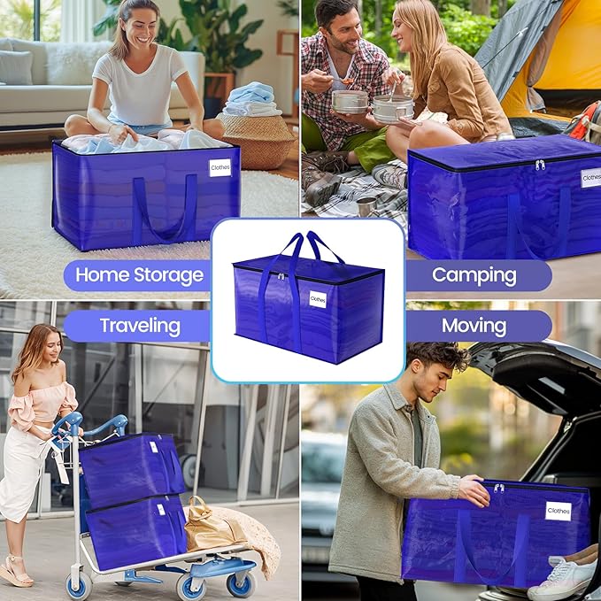 10Pack Moving Storage Bags, Moving Supplies Packing Boxes for Moving, Camping, College Dorm Room Essentials for Girls, Blue Tote Bags, 93L Heavy-Duty Storage Bins With Lids And Zippers