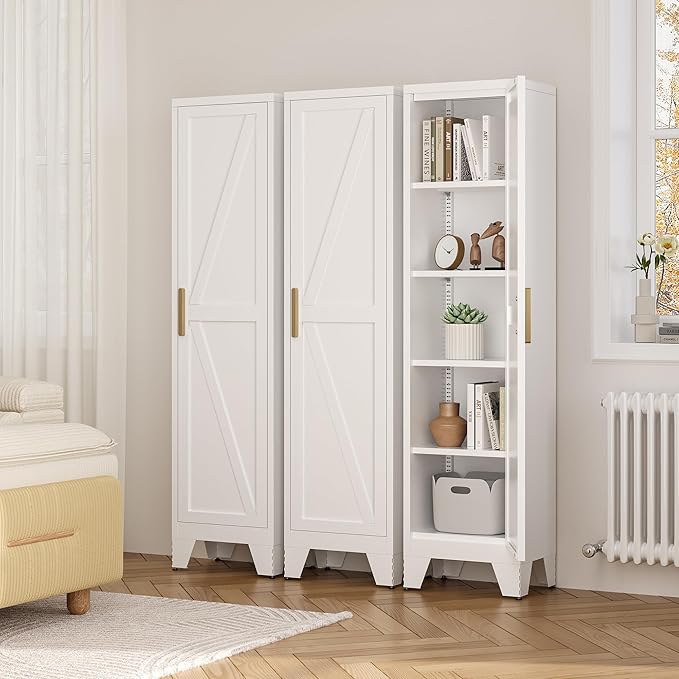 LCAOPC 67" Tall Narrow Bathroom Metal Storage Cabinet with 4 Adjustable Shelves, Freestanding 5 Tier Slim Pantry Storage Cabinet for Small Space, White