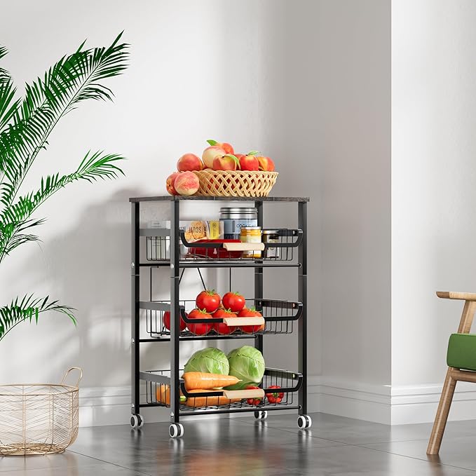 Fruit Vegetable Basket for Kitchen,4 Tier Pantry Organizer with Wheels,Snack cart with Wood Top,Metal Wire Storage Basket Organizer Baskets for Kitchen, Pantry, Bathroom