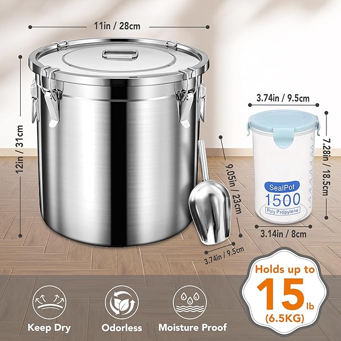 Newget Dog Food Storage Containers, Large Stainless Steel Pet Food Storage Containers 15 lb / 6.5 kg to Keep Fresh, Metal Airtight Cat Food Containers With Scoop and 2 Small Containers