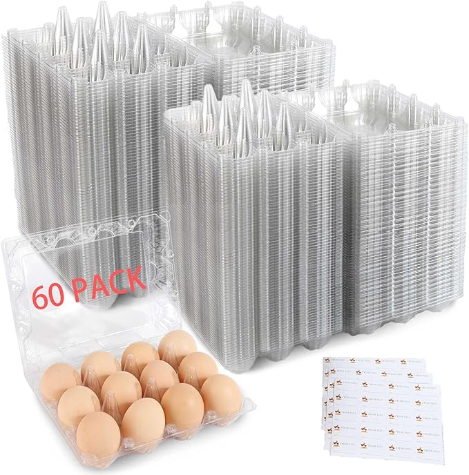 Egg Cartons 60 Pack,Clear Plastic Egg Cartons Cheap Bulk 12 Count For Fresh Chicken Eggs,4x3 Grids Reusable Egg Tray Holder For Refrigerator Storage, Family, Chicken Farm With Label Stickers