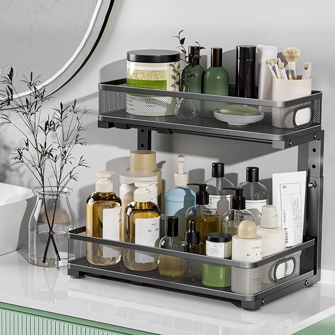 Under Sink Organizer, High Adjustable 2 Tier Under Sink Organizers and Storage, Slide Out Metal Cabinet Organizers, Pull Out Sink Storage Drawer Shelf for Kitchen Bathroom Cabinet, Black, 2 Pack