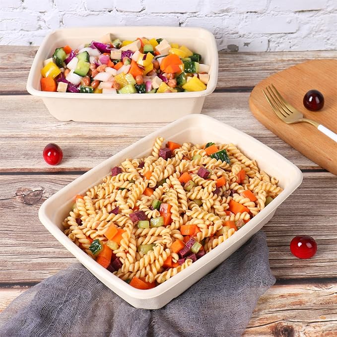 JAYEEY 40 oz Rectangle Disposable salad bowls with lids, Sugarcane Fibers Bowls take away food containers Plant Fibers Freezer Safe 50 Pack