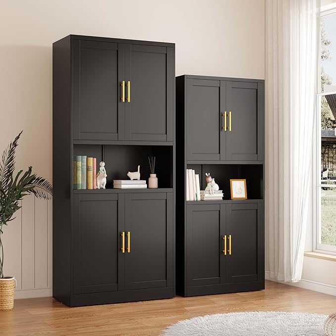 pozdeg 61.02" Kitchen Pantry Cabinet, Large Metal Storage Cabinet with 4 Doors and 1 Open Storage Compartment, Corner Display Organizer with 2 Adjustable Shelves for Kitchen Bedroom or Hallways