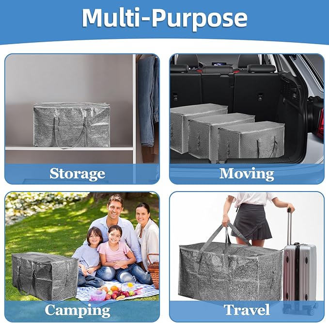 8 Pack-Extra Large Heavy Duty Moving Bags - Waterproof Storage Totes with Handles & Zippers, Foldable for College Dorm, Storage (Gray)
