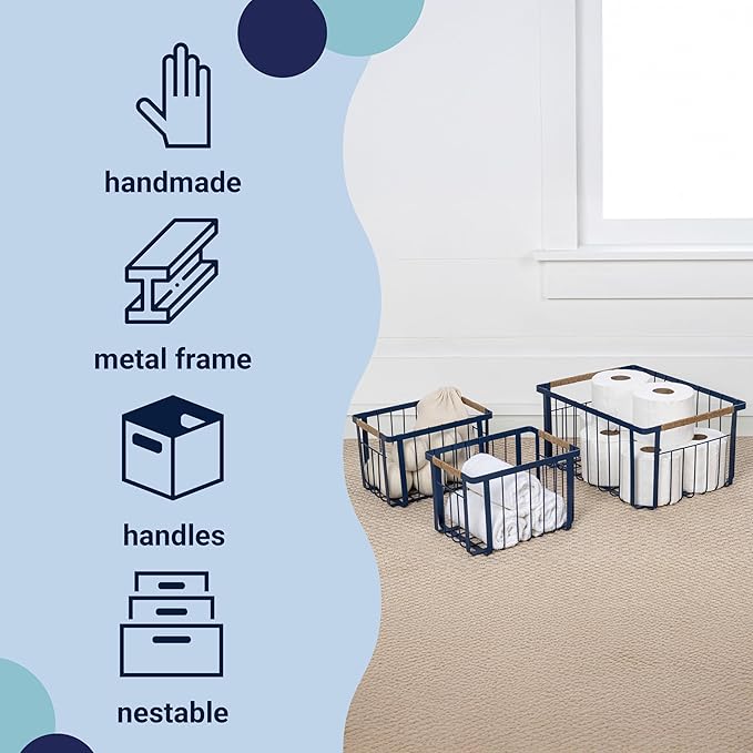 happimess BSK3003D-3SET Henley Vintage Farmhouse Wire Metal Nesting Storage Baskets with Jute Wrapped Handles for Shelves, Cabinets, Pantry, Countertop, Mesh Open Bin Basket, Navy (Set of 3)