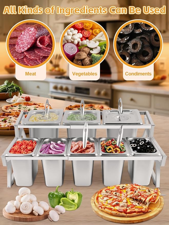 Lanstics Pizza Topping Station 8 Pans Pizza Storage Container Topping containers with Lids Spoon Condiment Organizers Buffet Containers Set for Restaurant Pizza Sauce Jam Fruit Ingredient