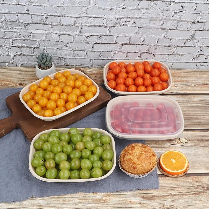 JAYEEY 28 oz Disposable salad bowls with lids, Sugarcane Fiber paper Bowls take away Bagasse food containers meal prep food storage deli container 50 Pack