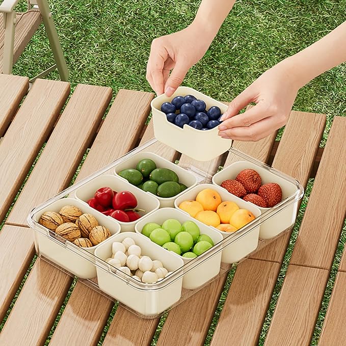 2 Pack Divided ServingTray with lid and Handle, 8 & 4 Compartments Snackle Box with Utensils, Fridge Food Veggie Condiment Storage, Kitchen Clear Food Container for Picnic, Camping, School
