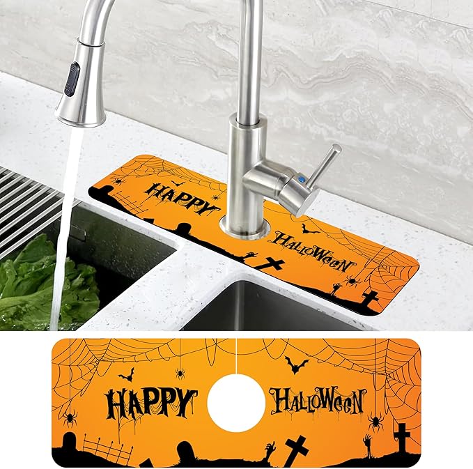 Halloween Bats Spider Webs Dish Drying Mat for Kitchen Sink Splash Guard Behind Faucet Sink Mat Absorbent Fast Drying Faucet Draining Mat for Bathroom Kitchen 5.5"×15"