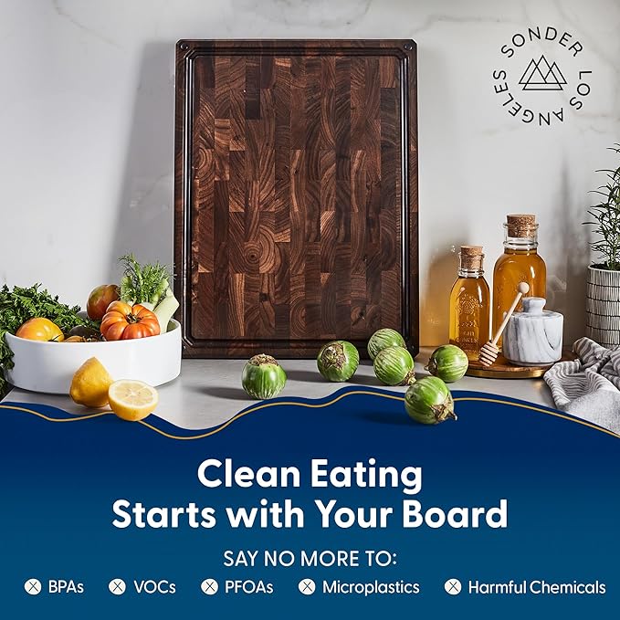 Sonder Los Angeles Alfred Cutting Board Made in USA | Black Walnut End Grain Cutting Board for Kitchen with Non-Slip Feet, Juice Groove, Sorting Compartments | Gift Box Included | 17x13x1.5 in