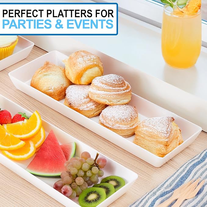 US Acrylic White Plastic Serving Trays (Set of 4) 15” x 5” | Narrow Unbreakable Reusable Rectangular Party Platters | Serve Appetizers, Fruit, Veggies, & Desserts | BPA-Free & Made in USA