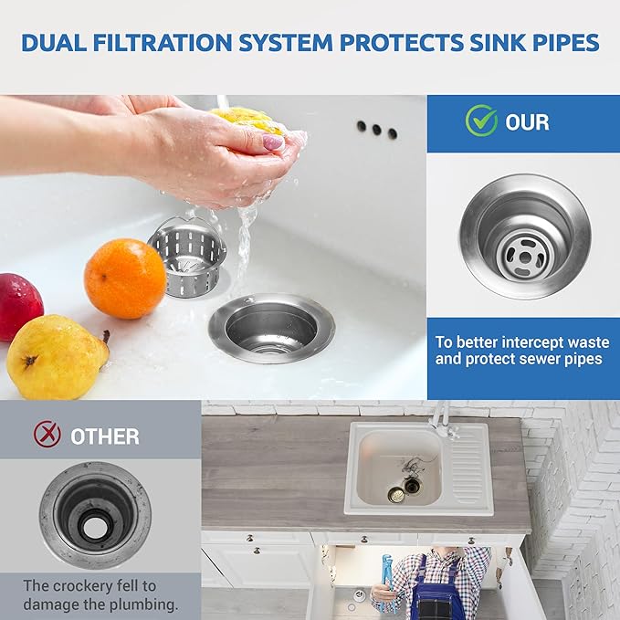 BOTEMY Stainless Steel Sink Drain Strainer 3-1/2 Inch Kitchen Sink Drain Assembly Kit with Removable Deep Sink Strainer Basket and Sink Stopper Flat Cover Replacement for Home Standard Kitchen Sinks