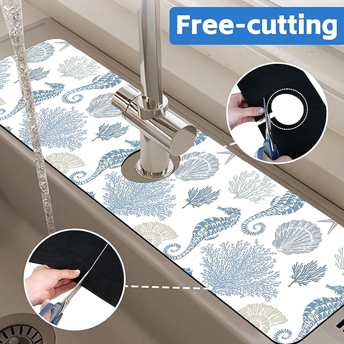 Marine Seashell Seahorse Coral Kitchen Sink Splash Guard Mat Absorbent Fast Drying Mat Faucet Draining Mat Sink Splash Guard Behind Faucet Drip Catcher for Kitchen Bathroom 5.5"×24"