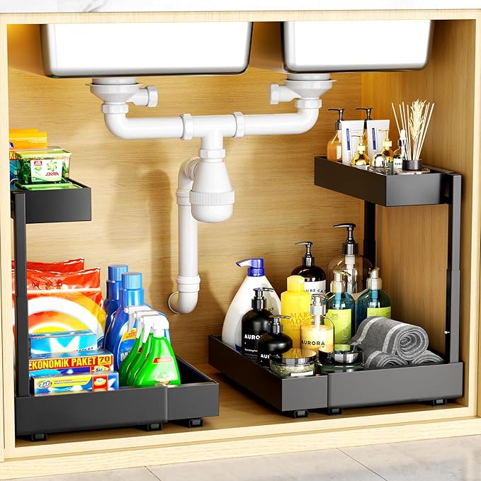 Expandable Under Sink Organizer 2 Pack, 2 Tier Pull Out Under Cabinet Organizer Adhesive, Pull Out Storage Shelf for Kitchen Bathroom Laundry, Heights Adjustable Black