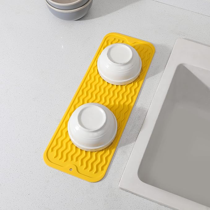 Silicone Dish Drying Mat for Multiple Usage,Easy clean,Eco-friendly,Heat-resistant Silicone Mat for Kitchen Counter,Sink,Bar,Bottle,or Cup Yellow M 17 inches x 6 inches