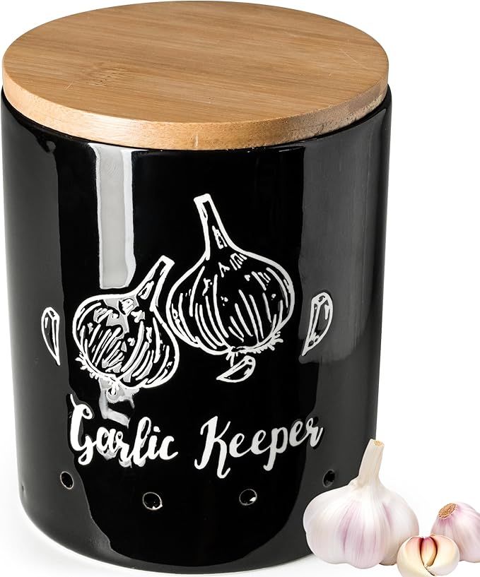 LYEOBOH Garlic Keeper, Garlic Storage, Garlic Holder, Ceramic Garlic Container with Wood Lid, Farmhouse Garlic Keeper for Counter, Garlic Saver for Kitchen, Black