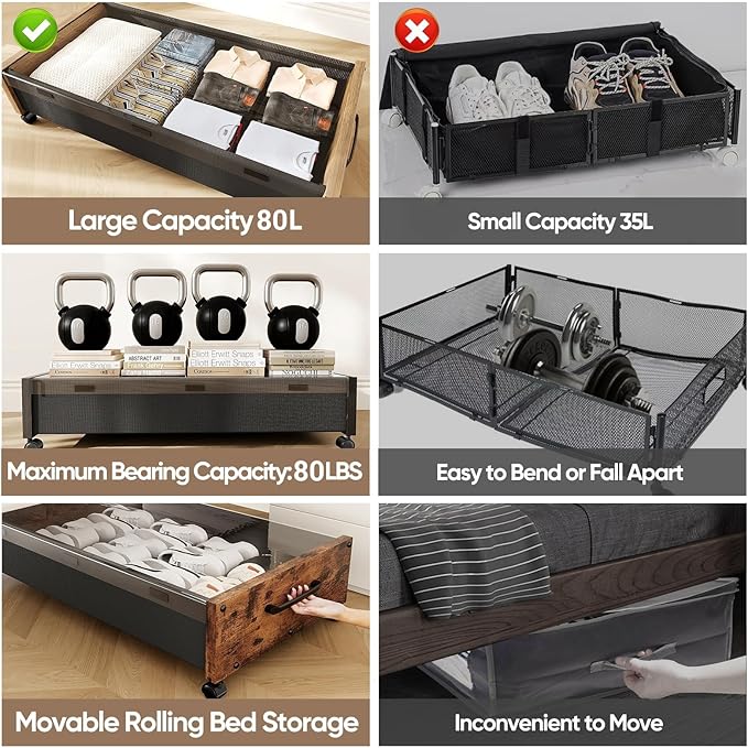 Under Bed Storage Containers with Wheels, Extra Large Wooden Underbed Shoes Organizer 2 Packs, Rolling Under the Bed Storage Drawers with Clear Lid, Heavy Duty Metal Frame for Clothes 36"L (Vintage)