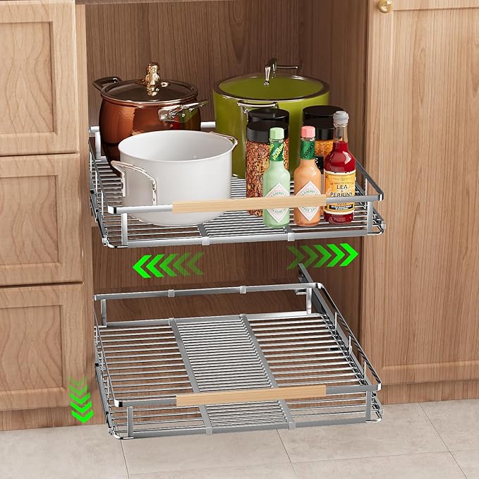 SOFRON Expandable Pull Out Drawers for Cabinets, Kitchen Cabinet Slide Out Shelves, Adjustable Roll Out Drawers, Stainless Steel, Small 2 Pack, (10.5"-16") W * 22.7"D