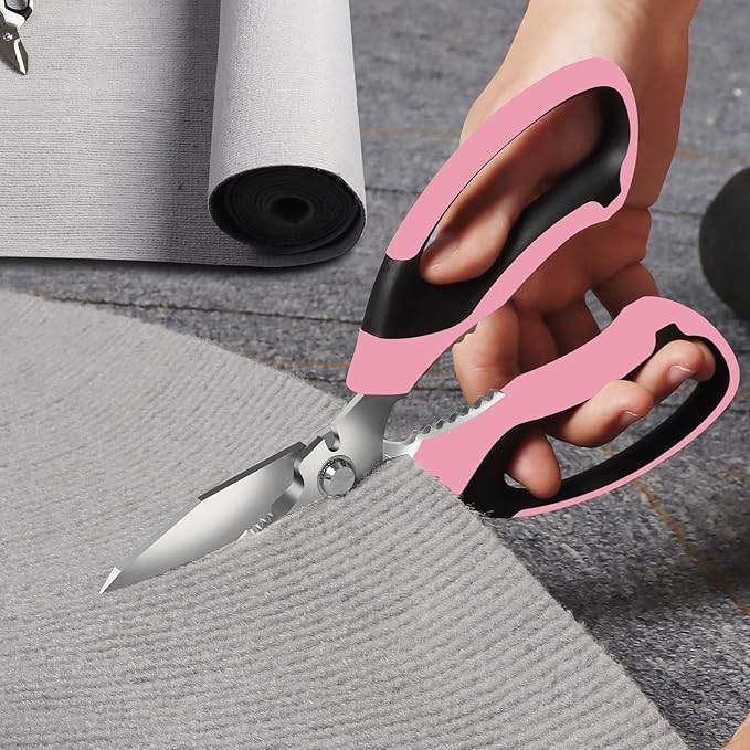 BoFuYuan 8-Inch Utility Scissors All Purpose Heavy Duty, Serrated Blade, Pink Comfort Grip for Cutting Carpet, Cardboard, Leather, Fabric, Multipurpose Sharp Shears for Kitchen, Garden, Office, Carft
