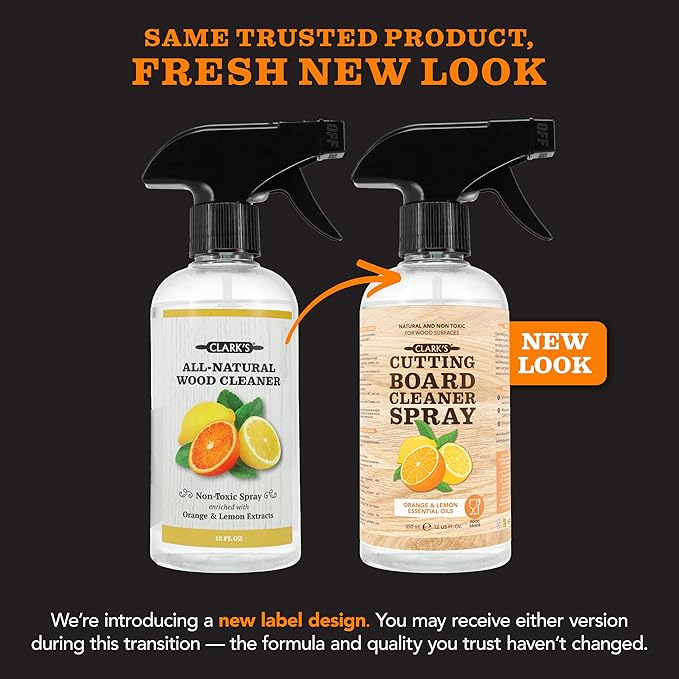 CLARK'S Natural Cutting Board Spray Cleaner, with Microfiber Cloth, for Wood Countertop – Pure Ingredients Filtered Water, Distilled Vinegar, Castile Soap, Lemon & Orange Citrus Oil Extracts, 12oz