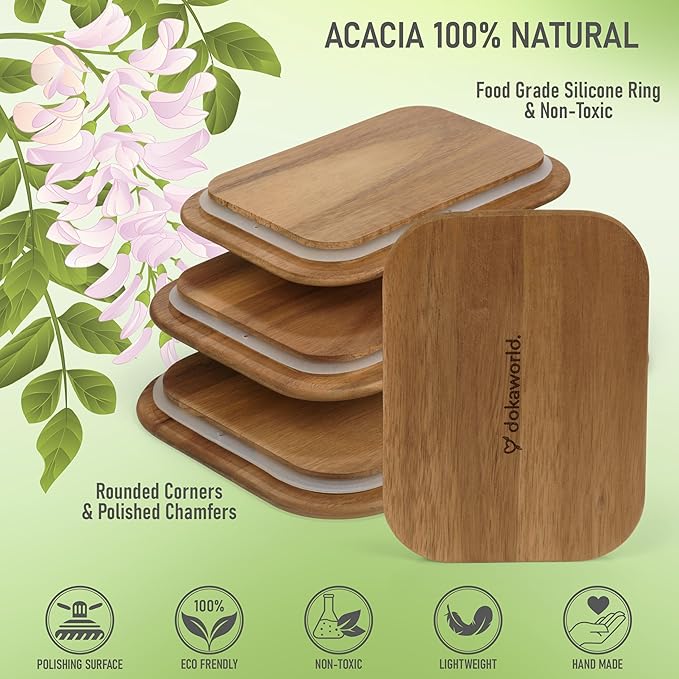dokaworld Natural Acacia Lids Set for Food Storage Glass Containers (4pcs) - Lids are compatible with all Glass Food Storage Containers Sets