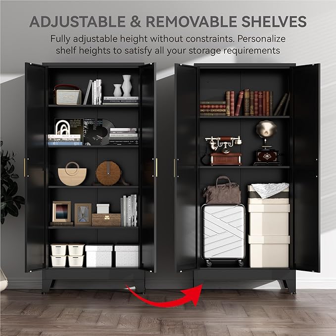 YNIQUESTLE Farmhouse Pantry Cabinet with Barn Doors, 71" H x 31.5" W, 5-Tier Metal Storage Cabinet with 4 Adjustable Shelves for Kitchen Garage Dining Room, Black