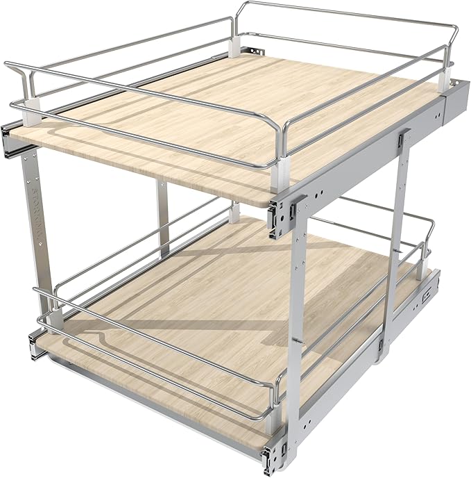 2 Tier Pull Out Cabinet Organizer 18" W X 22" D, Slide Out Drawers For Kitchen Cabinets, Pull Out Drawers For Cabinets Capacity Heavy Duty Caddy, Cabinet Pullout Shelves Wood Chrome, Pantry Storage
