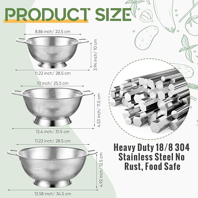 Bokon 3 Pcs Stainless Steel Colander Set Colander Bowl and Sieves 1/3/5 Quart Metal Mesh Strainer Net Basket with Handles Food Spaghetti Strainer for Kitchen Draining Pasta Rinsing(Silver)
